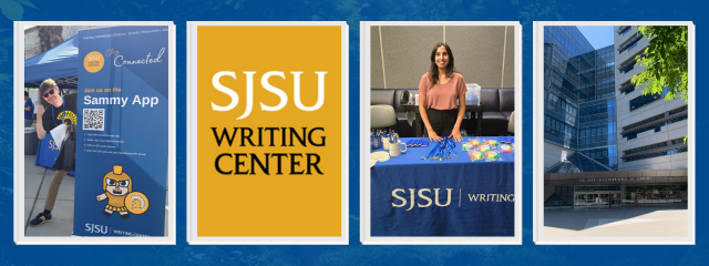 Tutor peeking from behind banner; Writing Center Sammy App logo; Staff standing behind table; external library location
